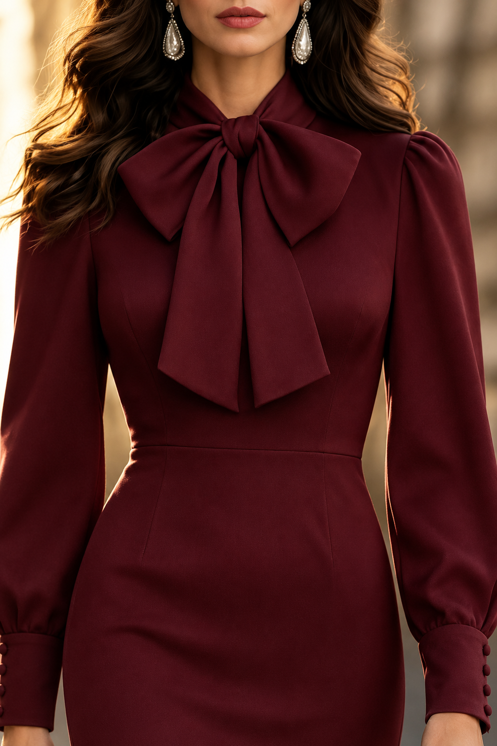 Elegant Bow-Tie Long Sleeve Midi Dress